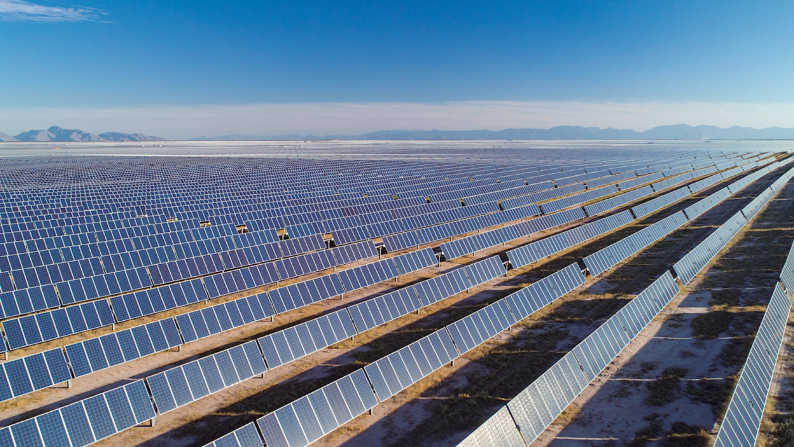 A vast, endless field of rows of silver solar panels under a blue sky.