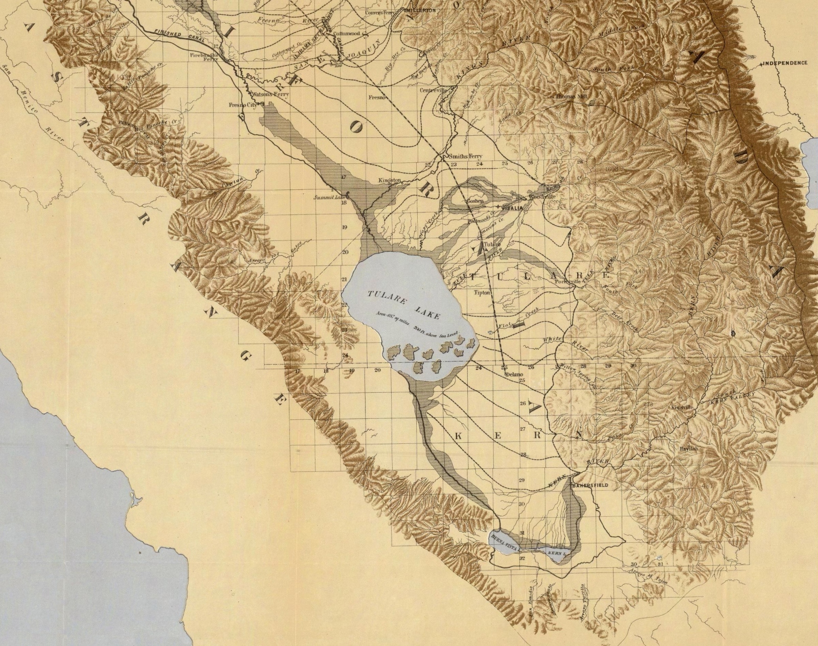 An 1873 map of California showing the former boundaries of Tulare Lake. Early American settlers drained the lake and planted crops on the dried lake bed.