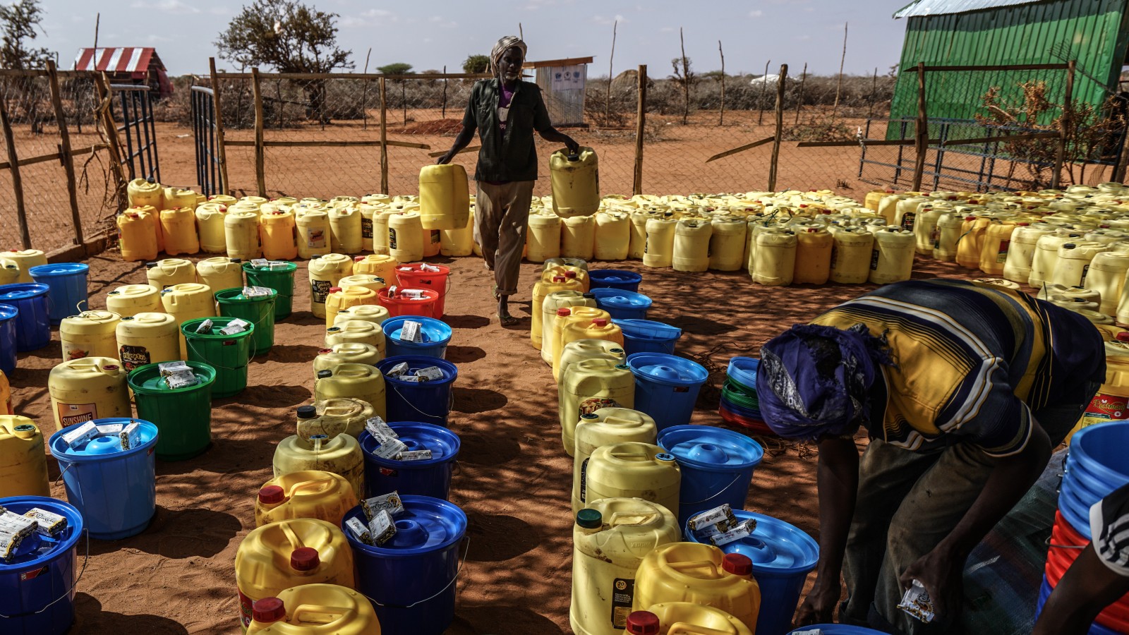 Jerrycans, used for storing water, shortly before being disbursed to displaced families by the non-government organization World Vision International in the Kaxareey IDP (Internally Displaced Persons) settlement on October 12, 2022 in Doolow, Somalia. UN figures show over 1.4 million Somalis were displaced by drought and conflict-related issues in 2022. (Photo by Giles Clarke/UNOCHA via Getty Images)
