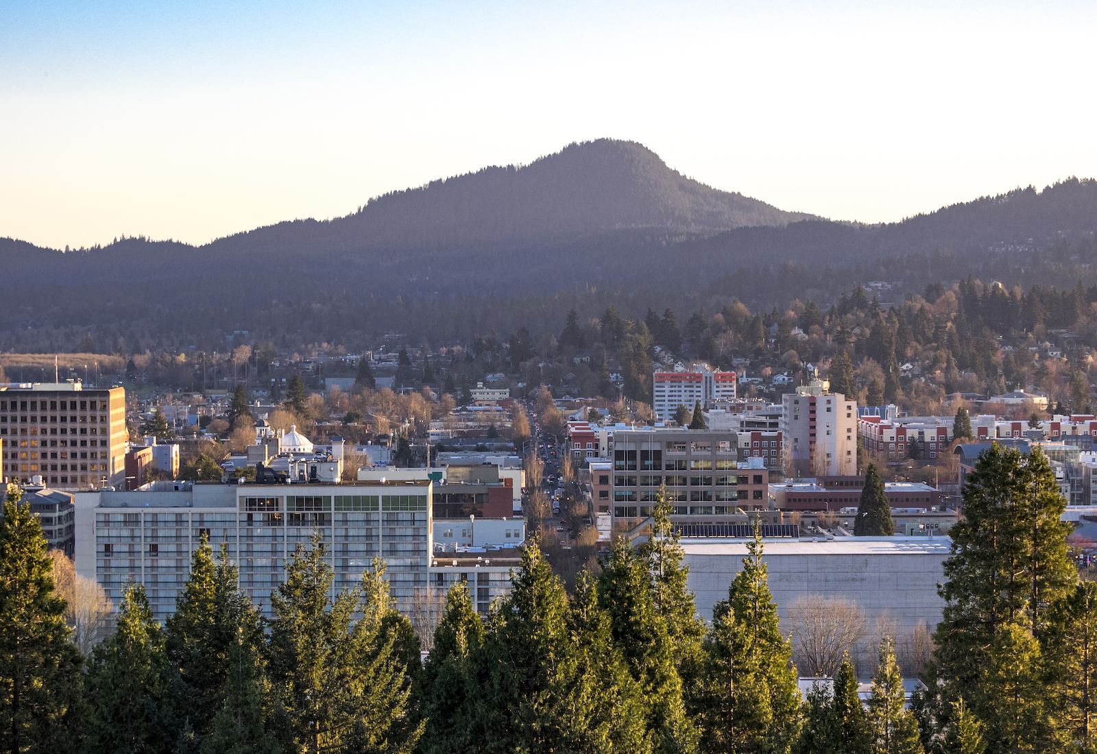 View of Eugene, OR, with a mountain in the background.