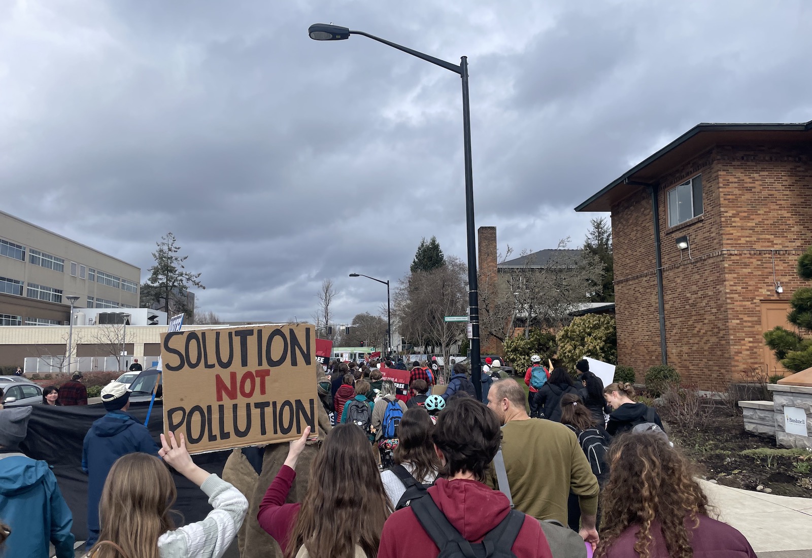 Protesters hold a sign reading "solution not pollution."