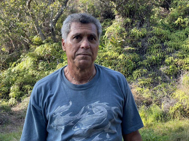 A gray-haired man in a blue shirt stands in front of a lush forest.