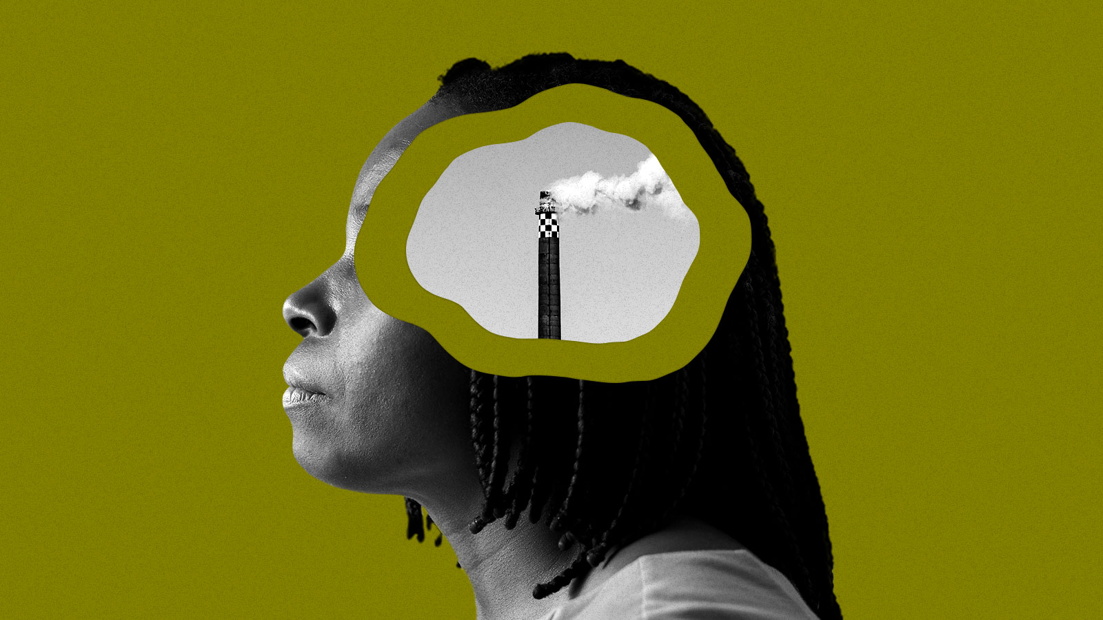 Collage of an older woman with an image of a smokestack placed within the center of her head