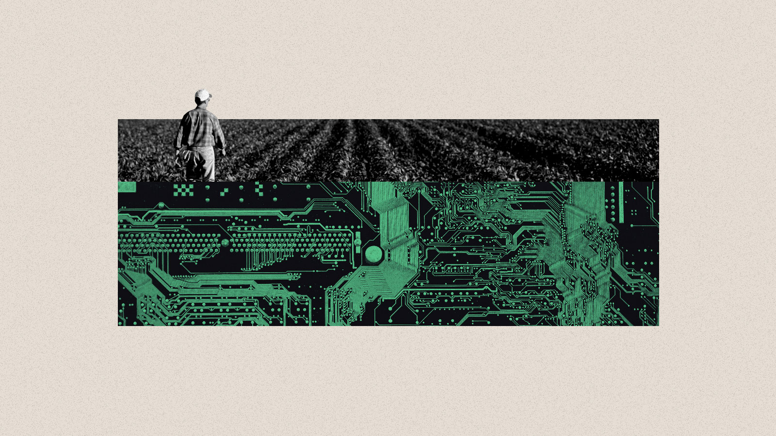 Collage of farmer standing in field with computer chip pattern beneath the crops