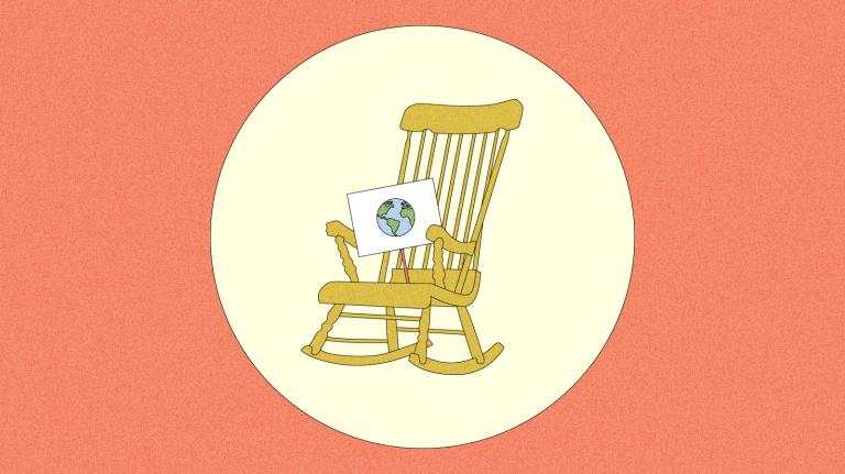 Illustration of rocking chair with protest sign resting on seat