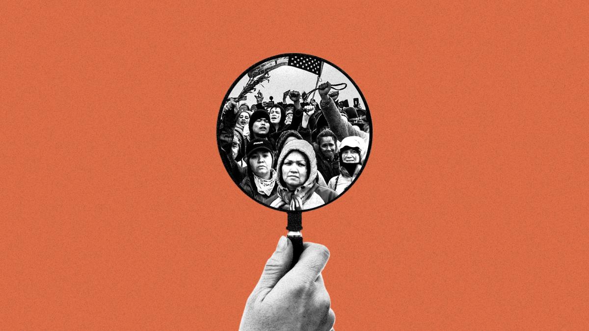Collage of hand holding magnifying glass with image of DAPL protest in center