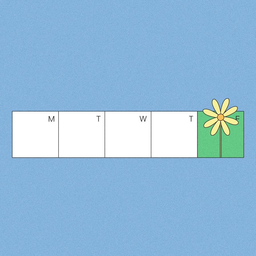 Illustration of workweek calendar with Friday's square highlighted green and blooming a yellow flower