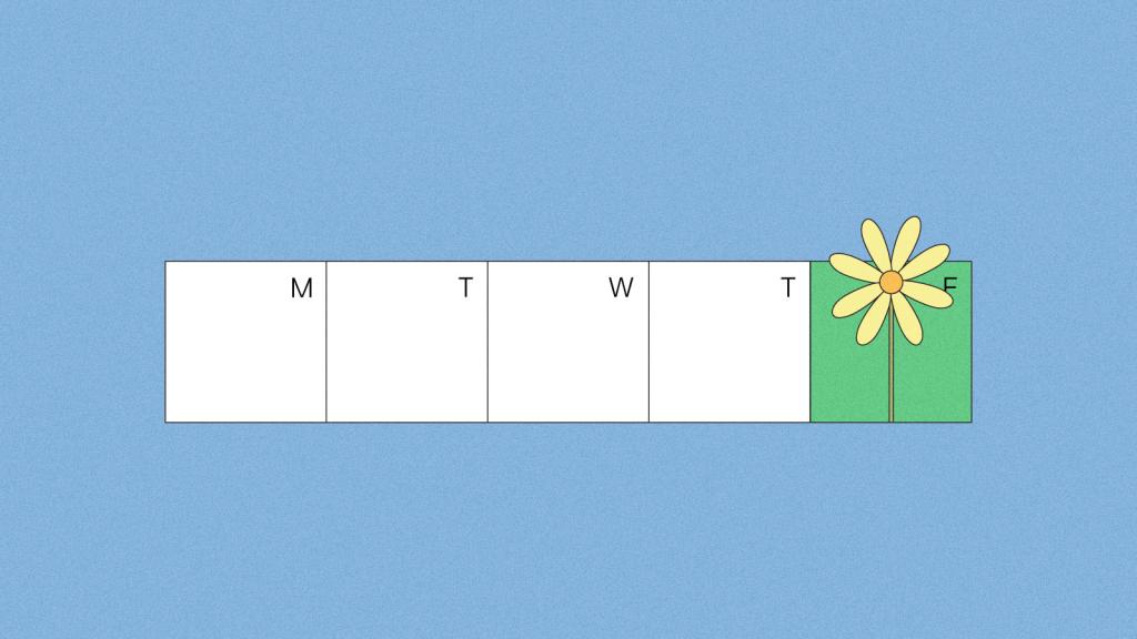 Illustration of workweek calendar with Friday's square highlighted green and blooming a yellow flower
