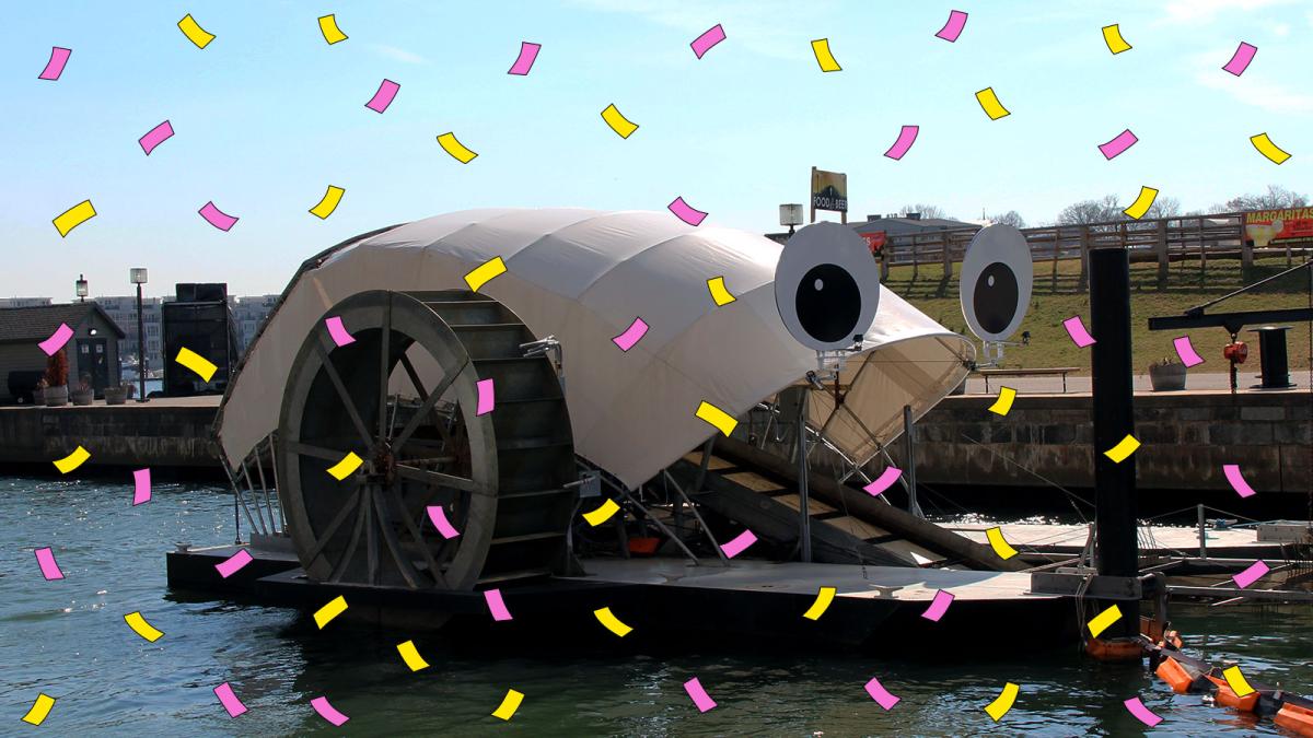 Photo of Mr. Trash Wheel with hand-drawn confetti over top