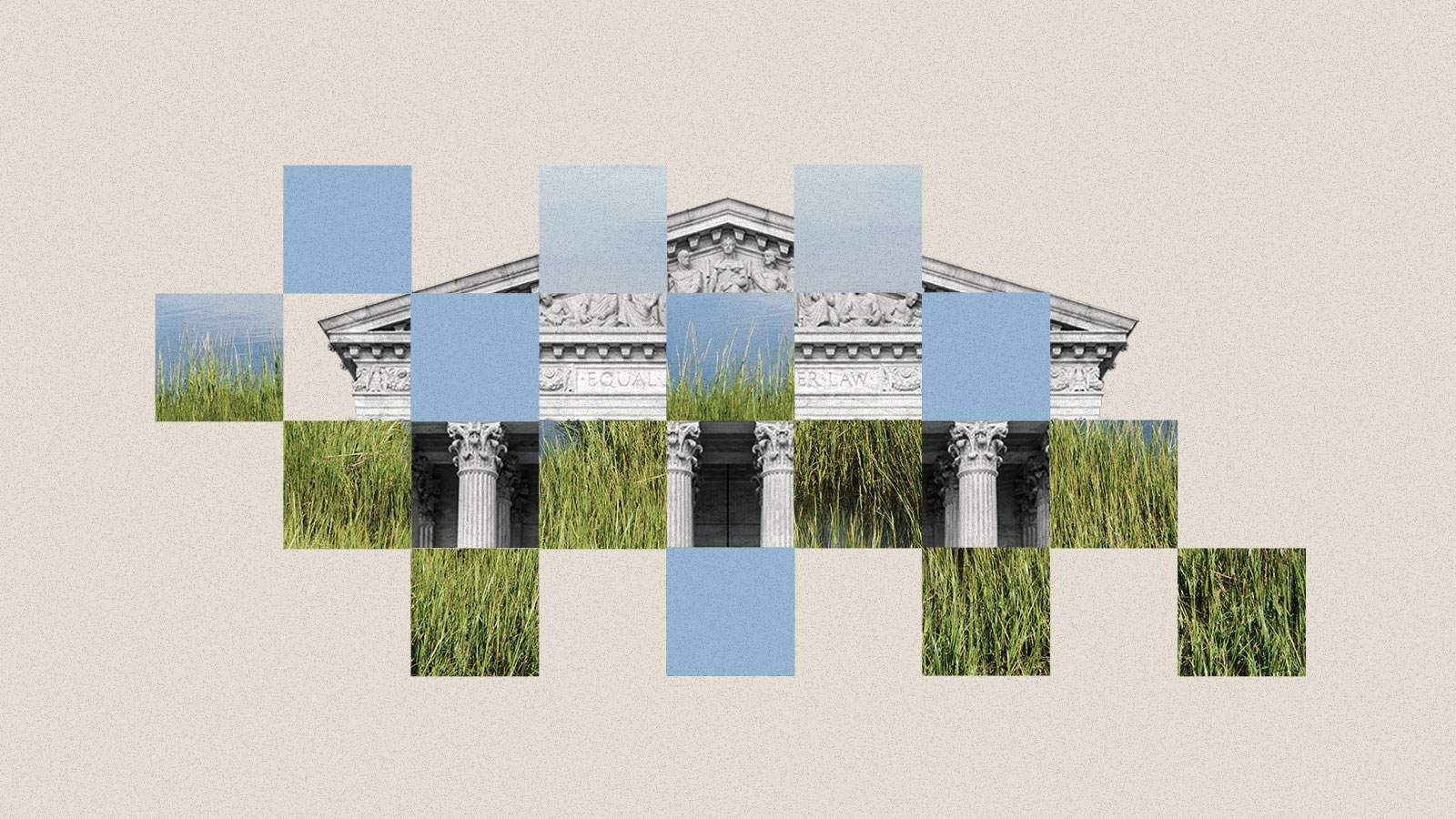 Collage of Supreme Court and wetland imagery interwoven in a checkerboard pattern