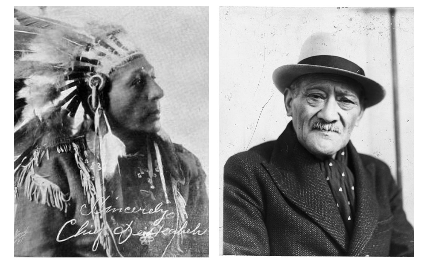 side by side black and white photos of two men, one in a feathered headdress (left) and one in a hat (right)