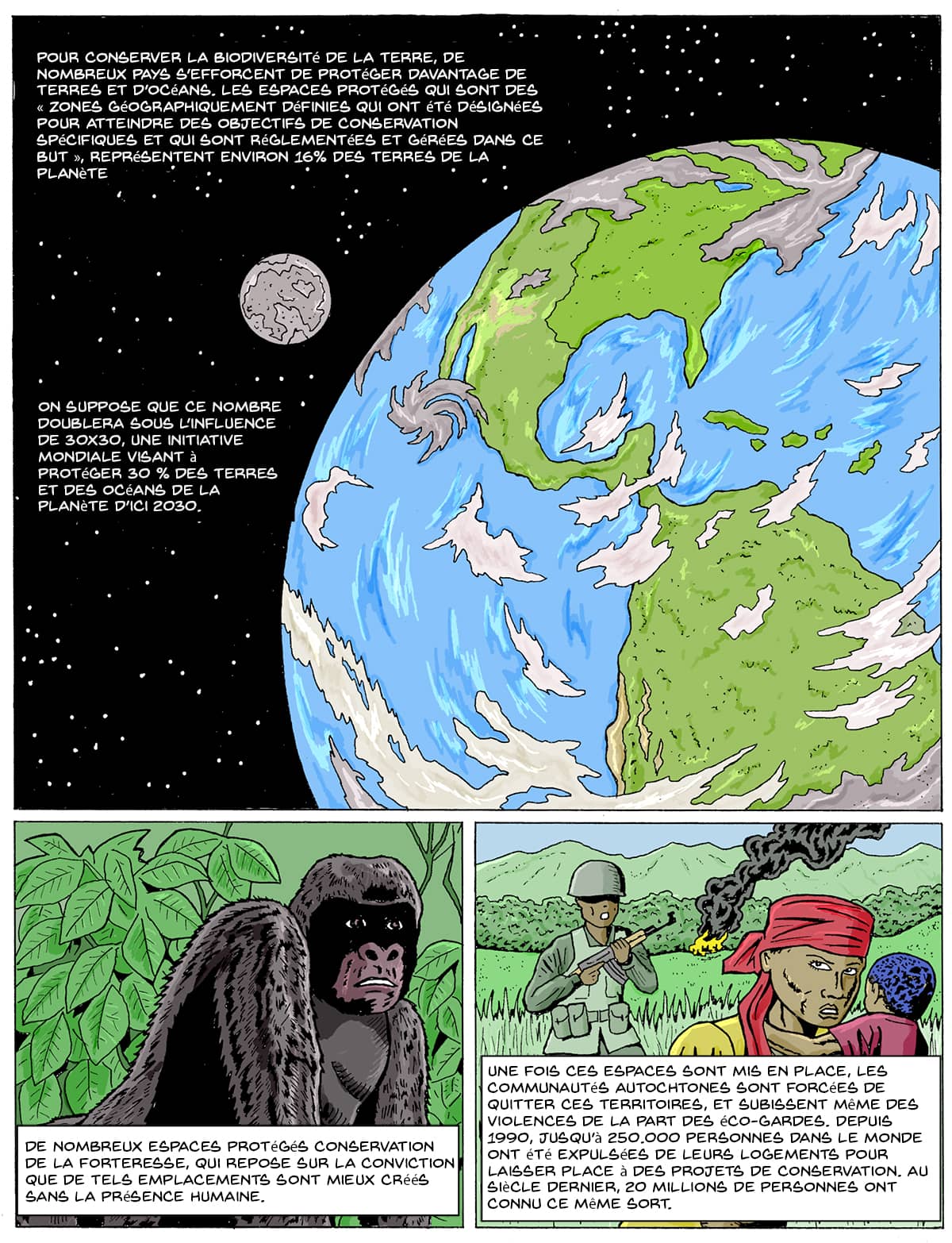 A triple-panel comic. Top panel: an illustration of the earth zoomed out also show the moon. The bottom two panels: A gorilla in the jungle; a woman holding a child looking at a soldier while a house burns in the background. Text: Fortress Conservation: A Legacy of Violence To conserve Earth’s biodiversity, many countries are pushing to protect more lands and oceans. Protected areas, a “geographically defined area which is designated or regulated and managed to achieve specific conservation objectives,” comprise roughly 16 percent of the world’s land. That number is expected to double under 30X30, a global initiative to protect 30 percent of the planet’s land and oceans by 2030. Many protected areas utilize a model called fortress conservation, which is based on the belief that such locations are best created without the presence of humans. Once established, newly protected areas force Indigenous communities to face evictions and violence at the hands of eco-guards. Since 1990, up to 250,000 people worldwide have been evicted from their homes for conservation projects. In the last century, close to 20 million.