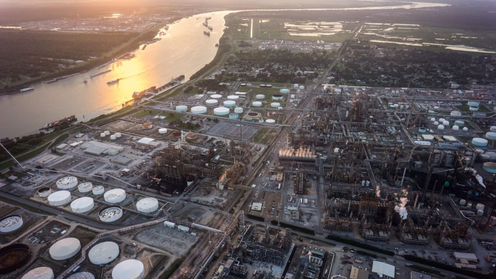 Cluster of refineries and storage tanks in Cancer Alley, Louisiana
