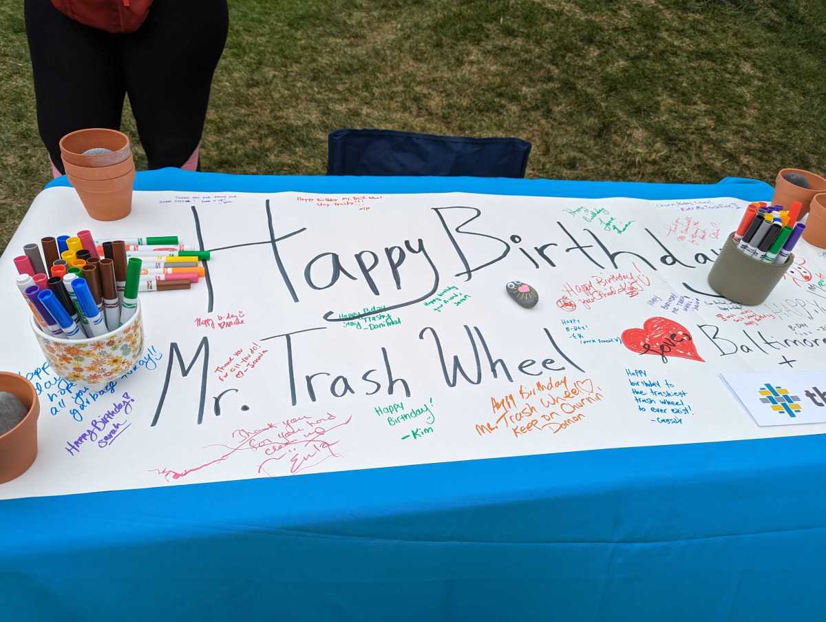 A birthday card for Mr. Trash Wheel at a celebration at Pierce’s Park in Baltimore on Saturday, April 22.