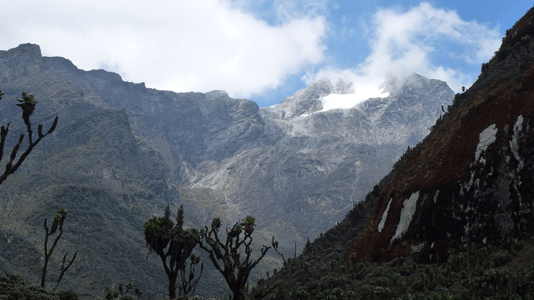 Over the slope of a green mountain, a snow-covered mountain peak appears in the distance.