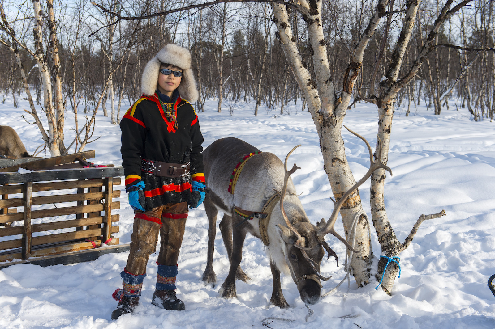 a boy in a fur hat stands near a reindeer tied to a tree