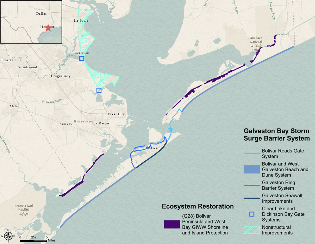 A map of the "Ike Dike" storm surge barrier system proposed by the Army Corps of Engineers for Galveston Bay.