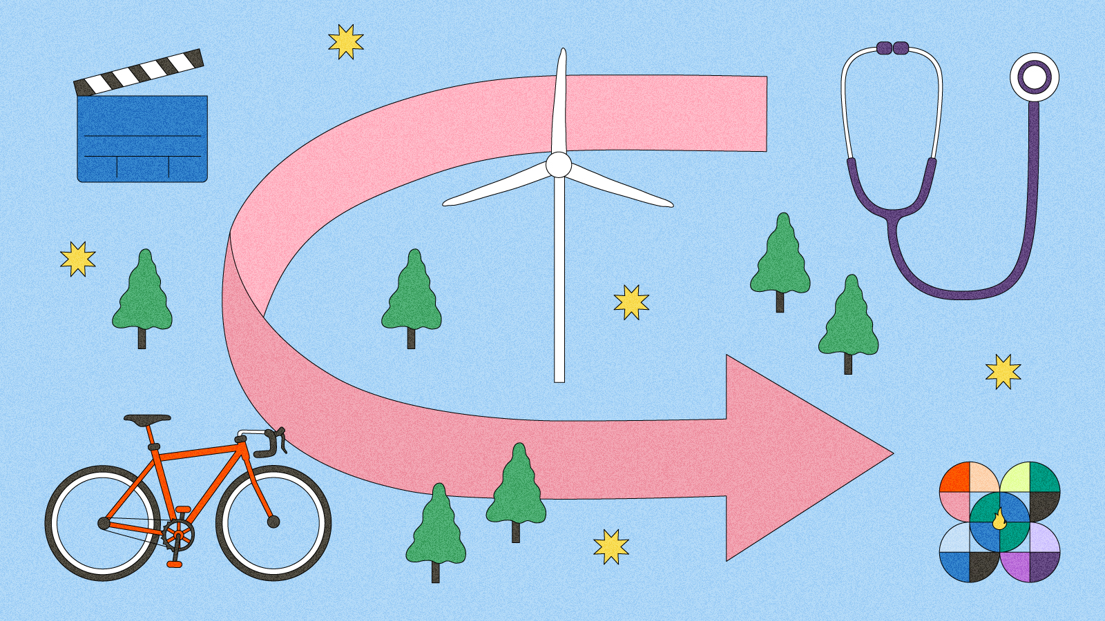 Illustration of arrow surrounded by trees, starbursts, a director's clapboard, a windmill, a stethoscope, a bike, and the Temperature Check logo