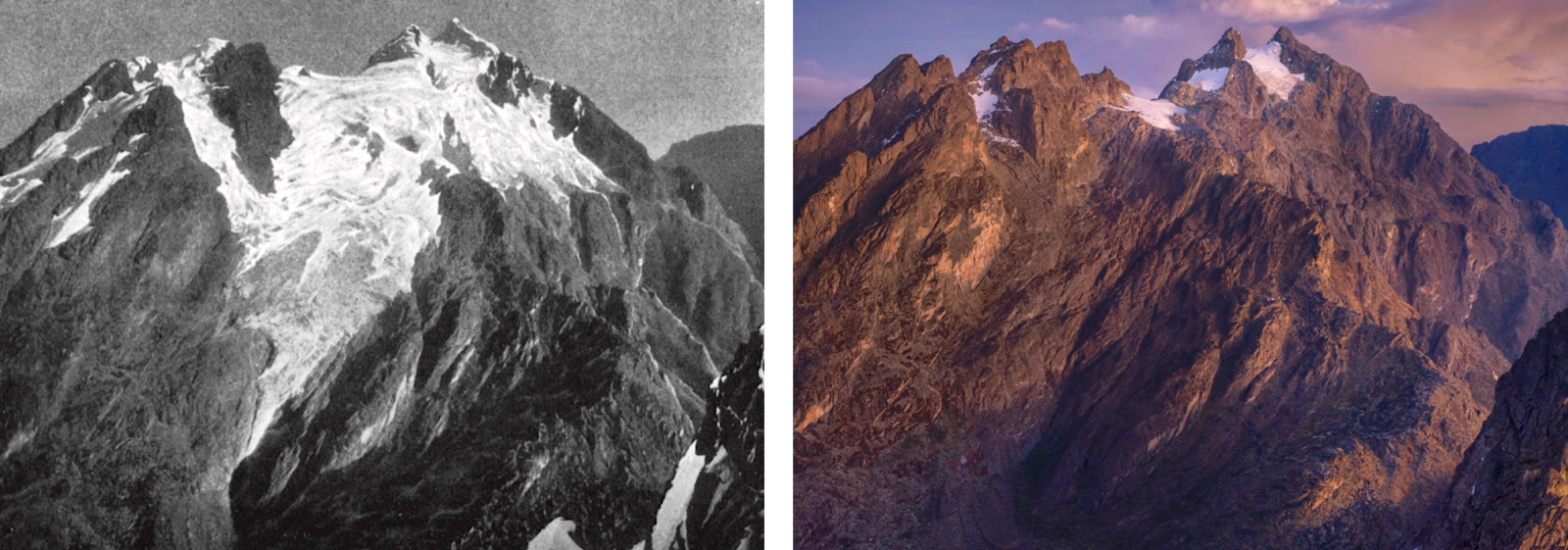 Two photos of mountains side by side show one on the left with a lot of snow and ice, and one on the right with very little snow or ice.