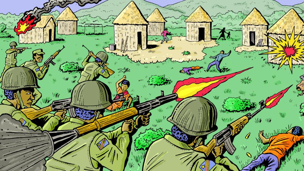 A group of men in green military hats shoot guns at a village