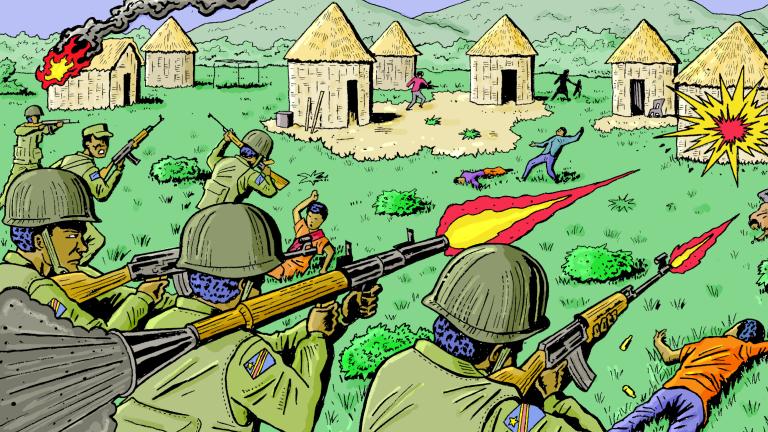 A group of men in green military hats shoot guns at a village