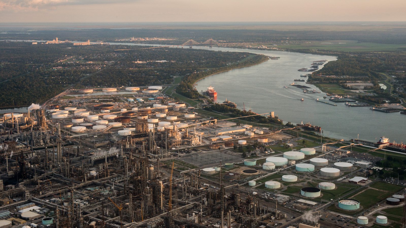 Aerial view of petrochemical facilities and the Mississippi River