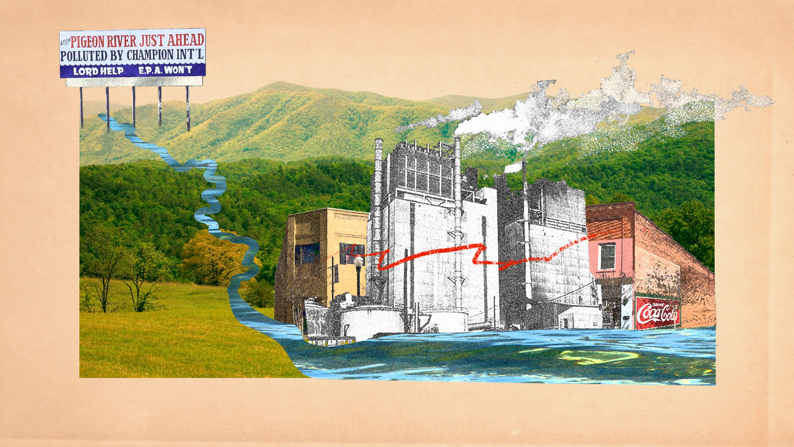 digital collage of paper mill and buildings with river and billboard set against background of mountains