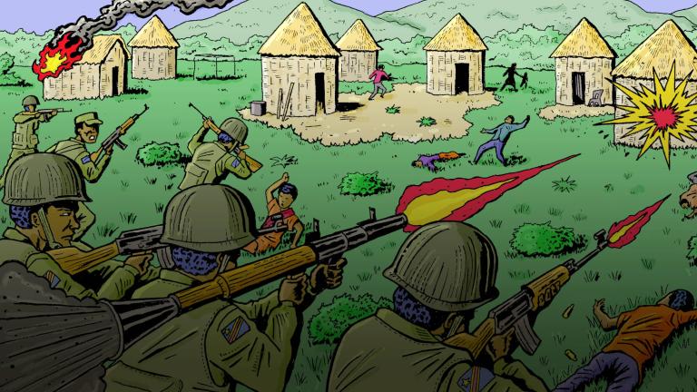 A group of men in green military hats shoot guns at a village