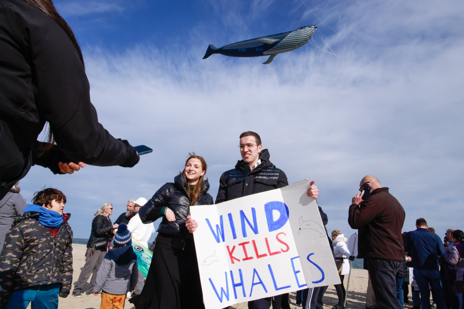 Protestors at a 'Save the Whales' rally called for a halt to offshore wind energy development along the Jersey Shore on February 19, 2023 in Point Pleasant, New Jersey.