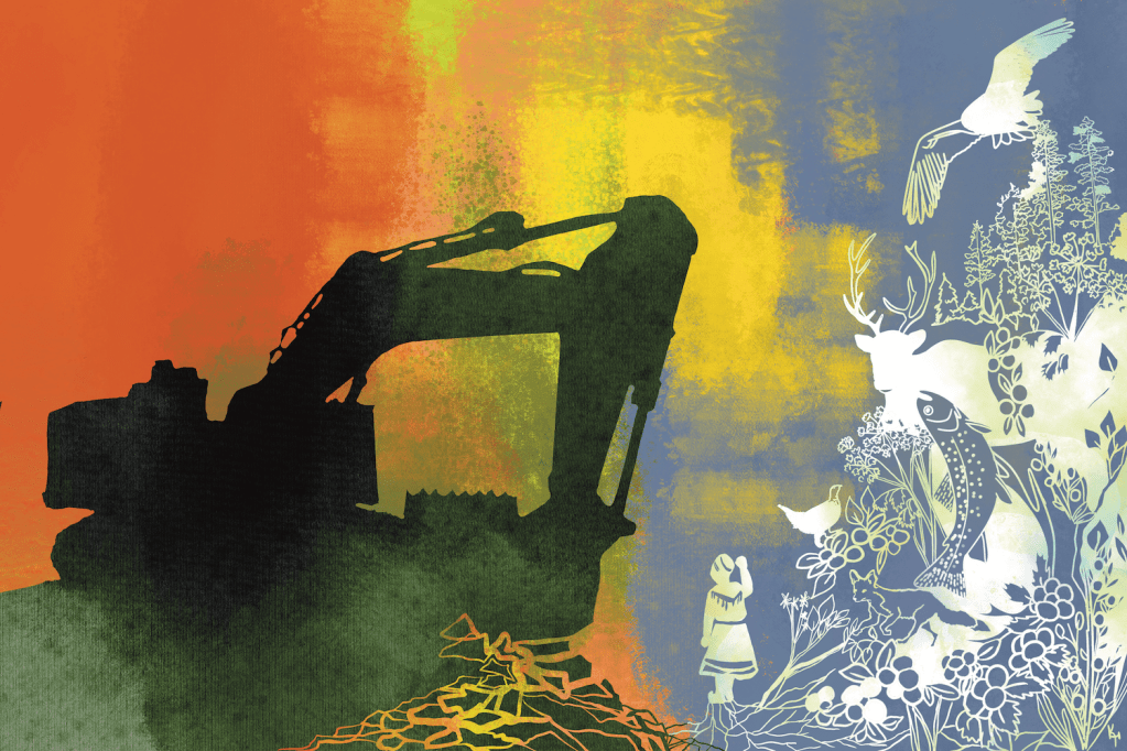 an illustration of a woman and a group of animals and plants standing in front of a large black outline of an excavator