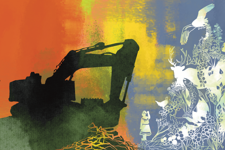 an illustration of a woman and a group of animals and plants standing in front of a large black outline of an excavator