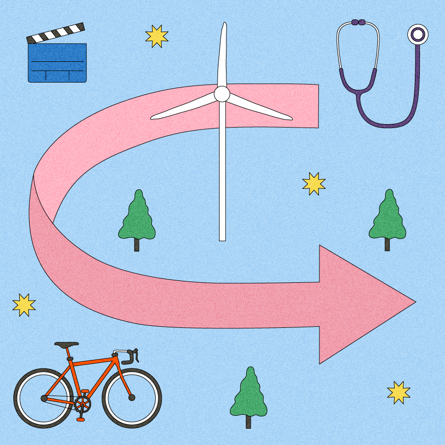 Illustration of arrow surrounded by trees, starbursts, a director's clapboard, a windmill, a stethoscope, and a bike