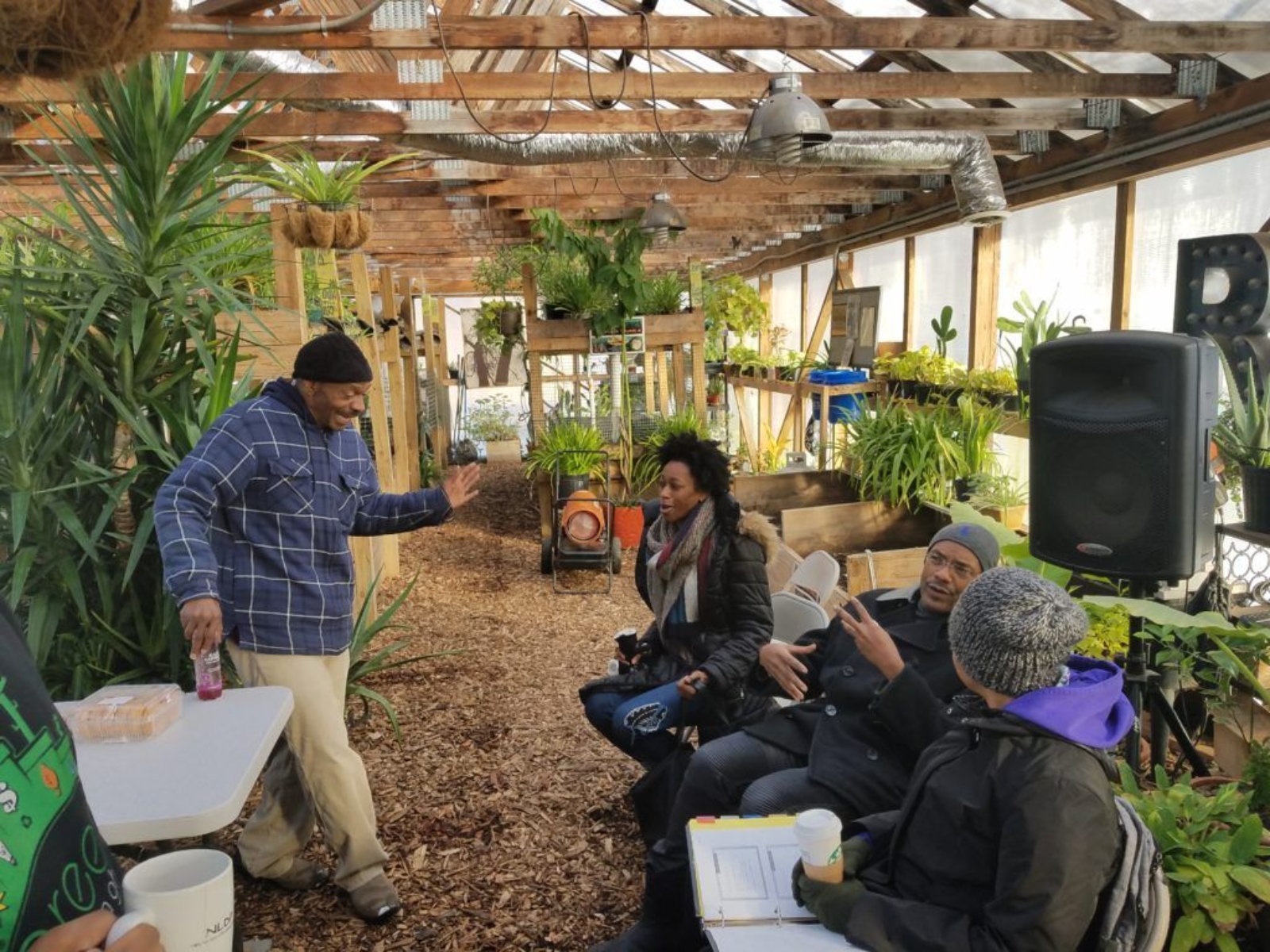A group of people chat in a greenhouse filled with plants.
