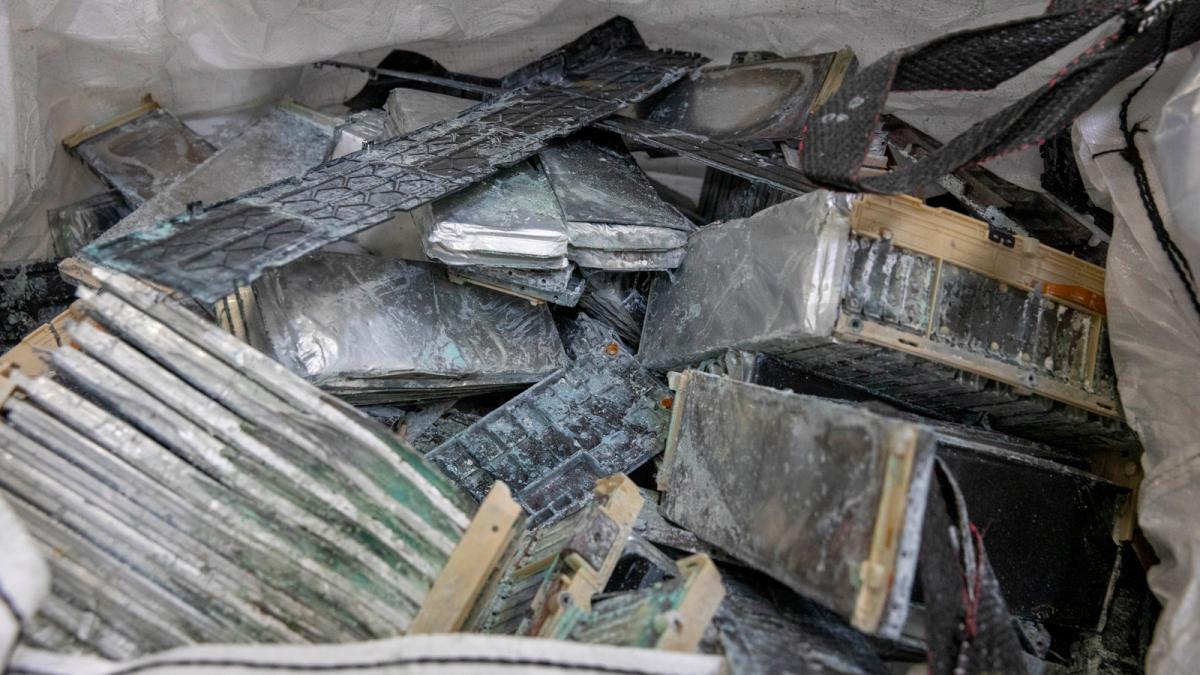 Corroded and damaged electric vehicle batteries at the Ascend Elements electric vehicle recycling plant in Covington, Georgia, March 31, 2023.