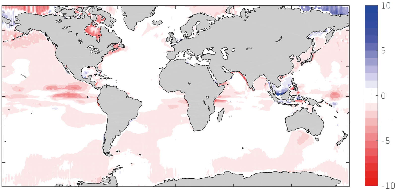 A world map of the warming oceans.