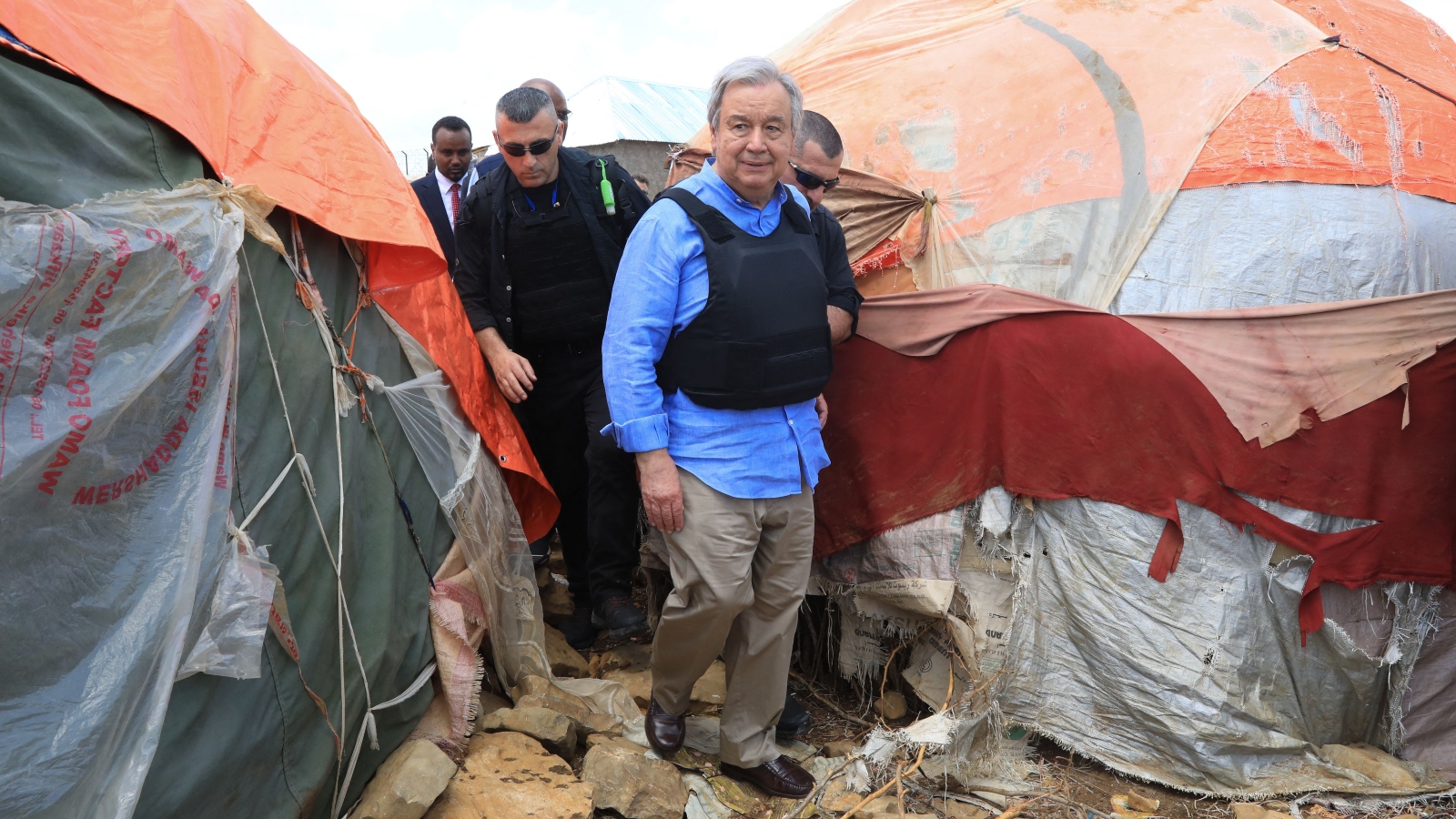 United Nations Secretary General Antonio Guterres visits an displaced persons camp in Baidoa, Somalia. Guterres has appealed for international support for Somalia as it battles an extreme drought.