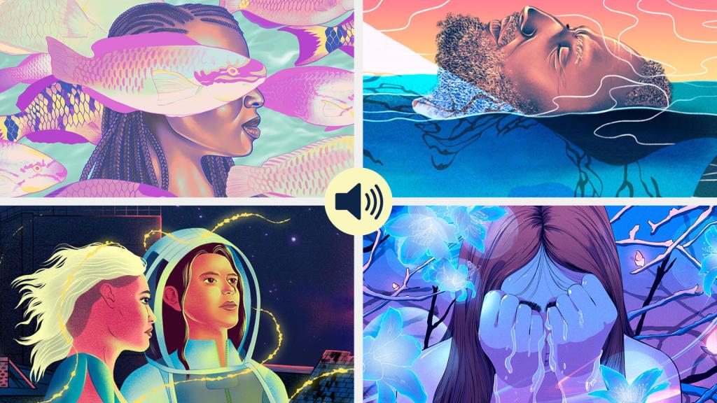 Grid of four Imagine 2200 story illustrations for 