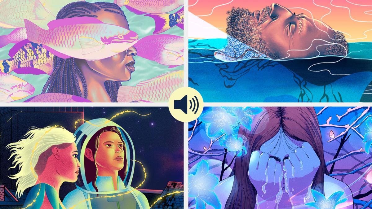Grid of four Imagine 2200 story illustrations for "The Metamorphosis of Marie Martin," "The Secrets of the Last Greenland Shark," "Afterglow," and "And Now the Shade."