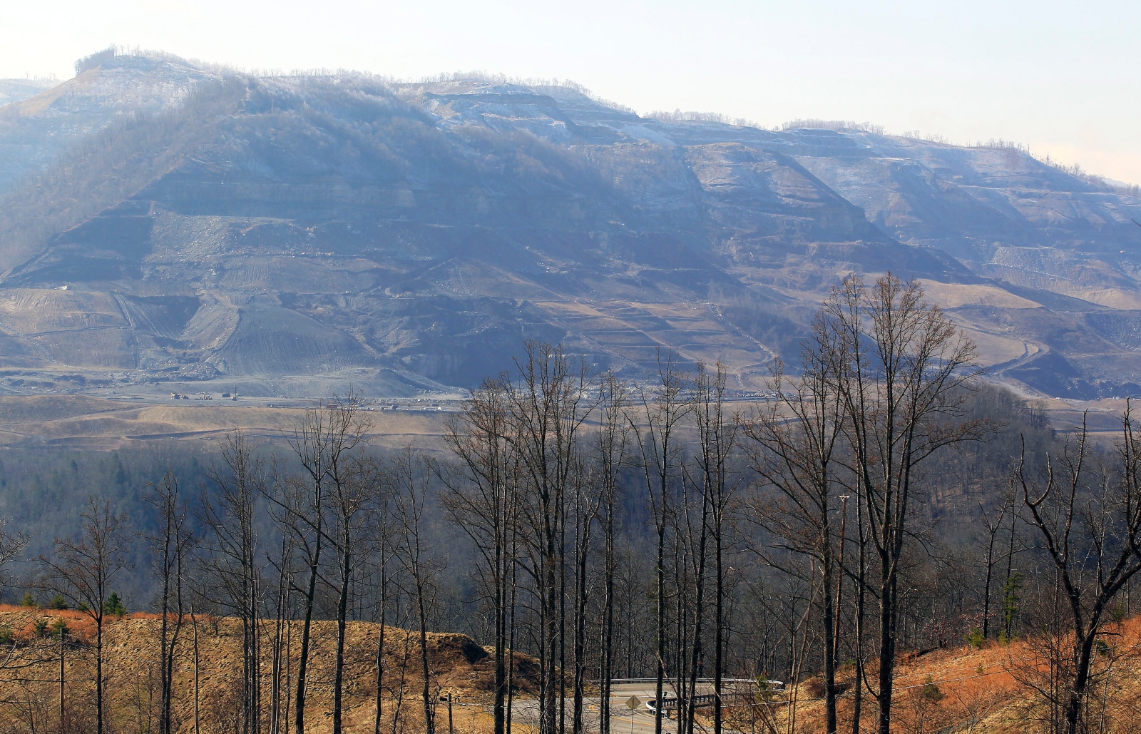 The view of some sparse trees, a road, and a mountain gutted by coal mining.