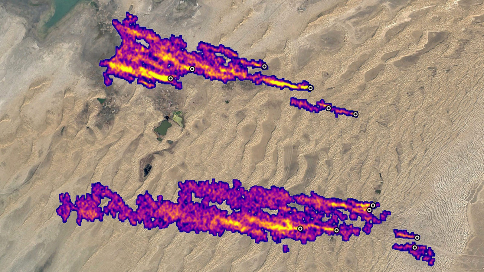 East of Hazar, Turkmenistan, a port city on the Caspian Sea, 12 plumes of methane stream westward. The plumes were detected by NASA’s Earth Surface Mineral Dust Source Investigation mission and some of them stretch for more than 20 miles (32 kilometers)