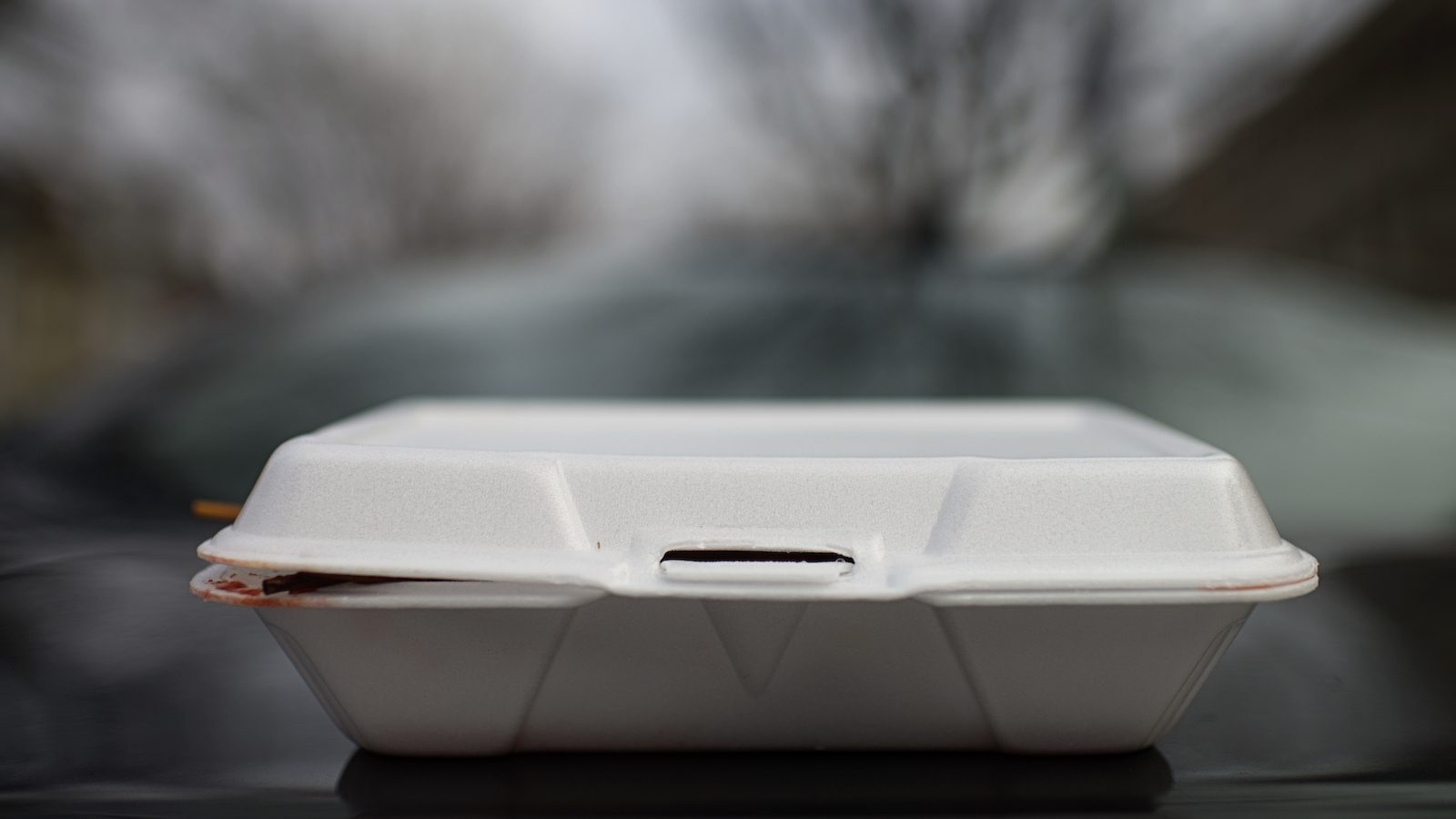 A white polystyrene food container