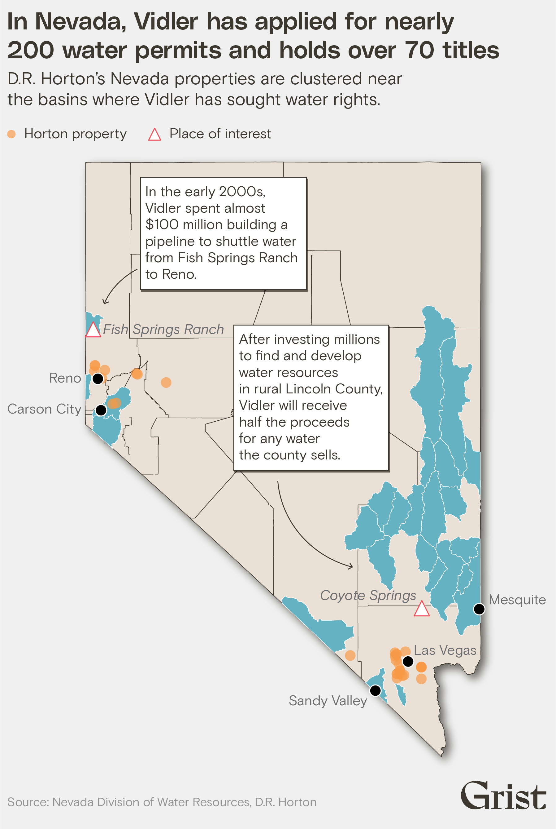 A map showing D.R. Horton's Nevada properties. They are clustered where Vidler has sought water rights. The title reads: "In Nevada, Vidler has applied for nearly 200 water permits and holds over 70 titles."