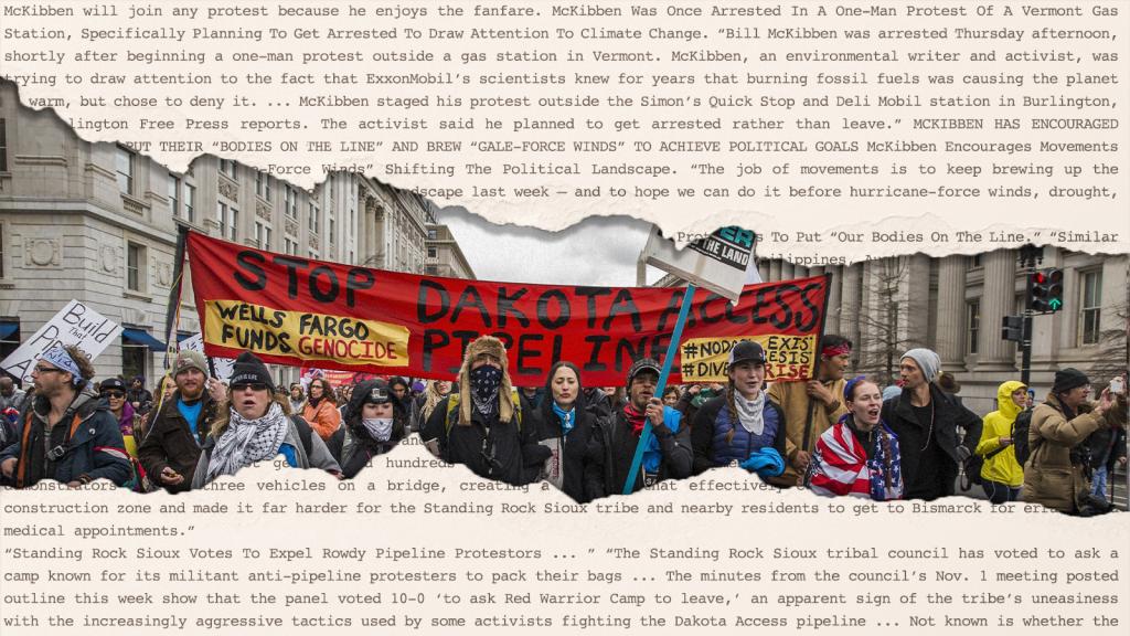 Torn paper reveals protesters with sign: 