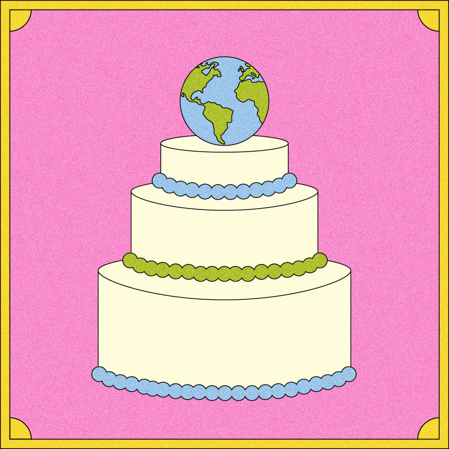 Illustration of three tier cake with blue and green frosting and earth on top