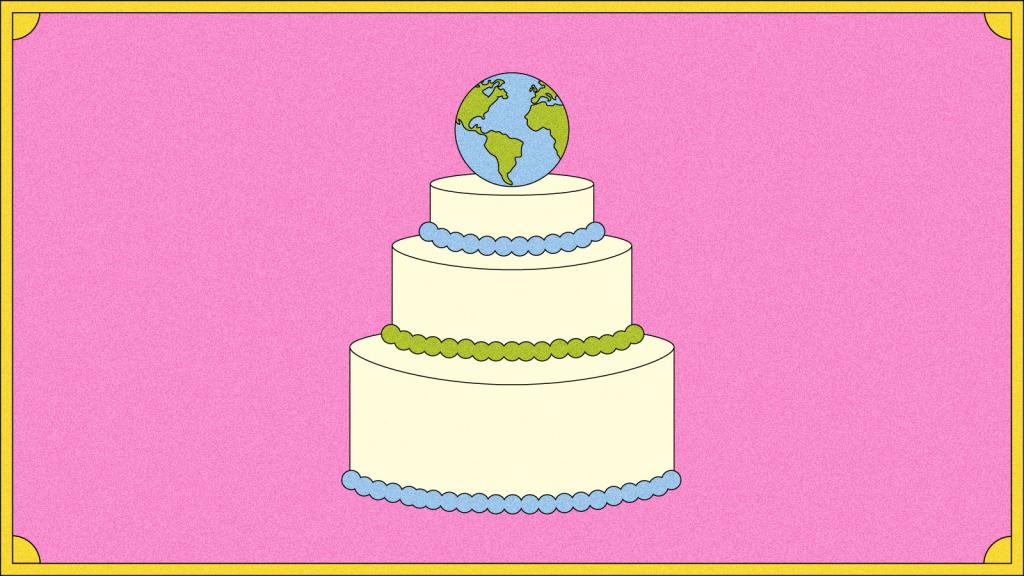 Illustration of three tier cake with blue and green frosting and earth on top