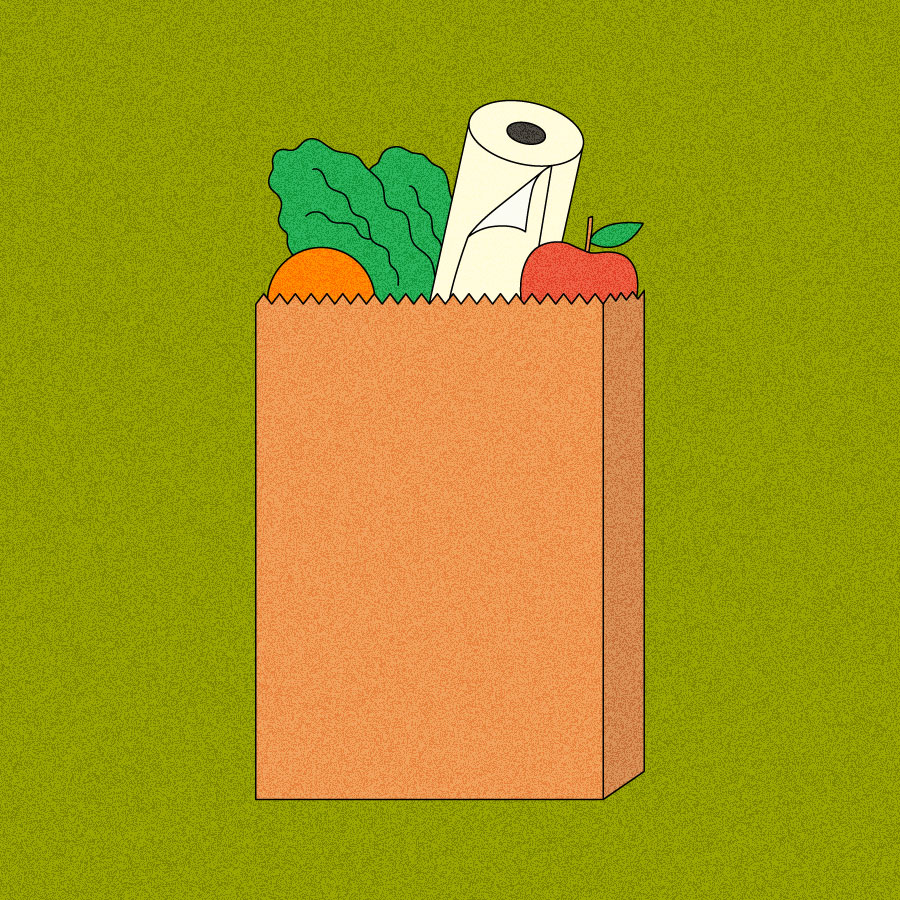 Illustration of grocery bag filled with produce and paper towels