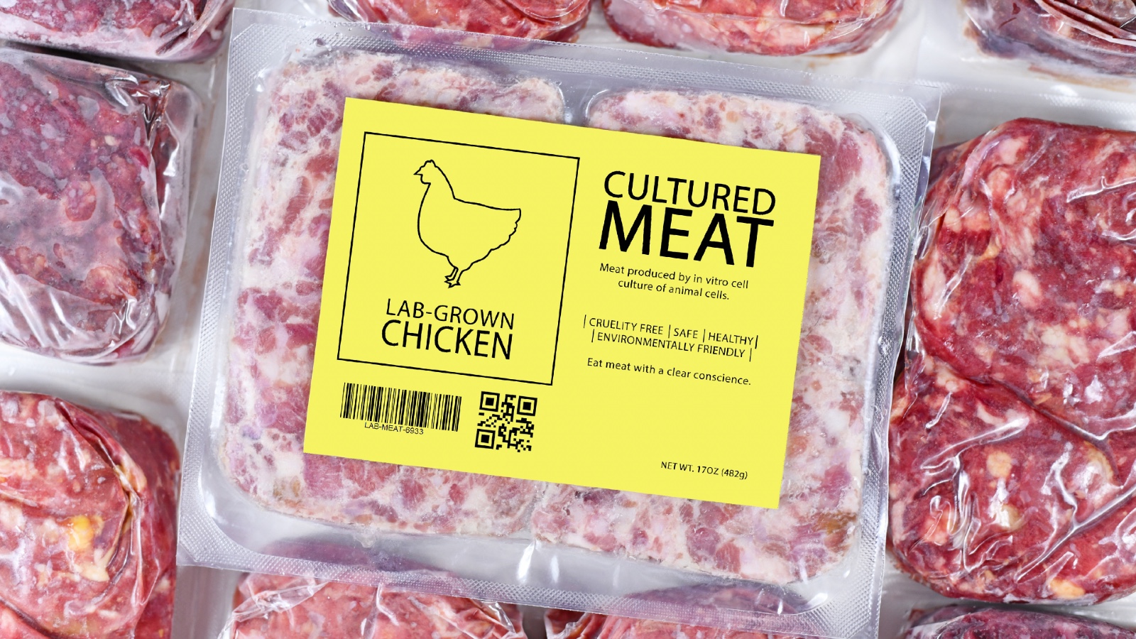 A plastic-wrapped package of frozen lab-grown chicken