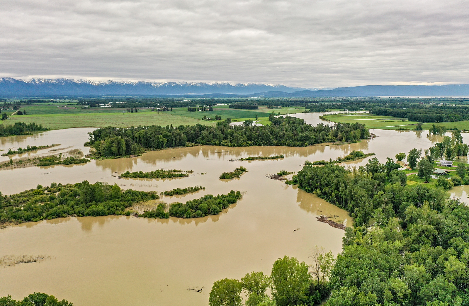 Under cloudy skies, brown flood waters swamp forest and plains, with mountains in the background.