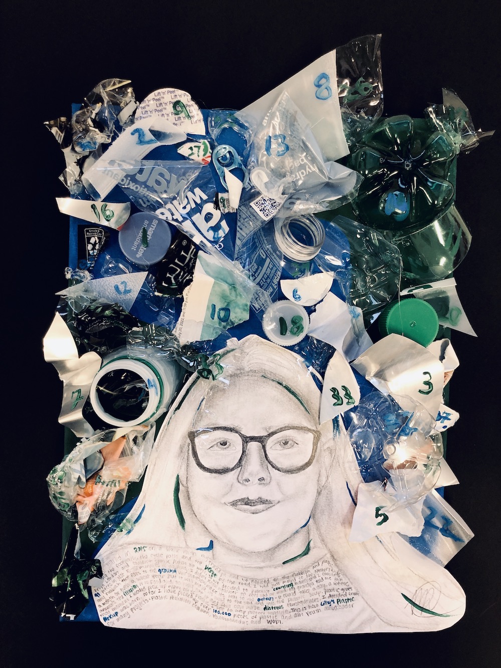 a painting of a young woman with glasses and a mixed media of plastic trash above her head