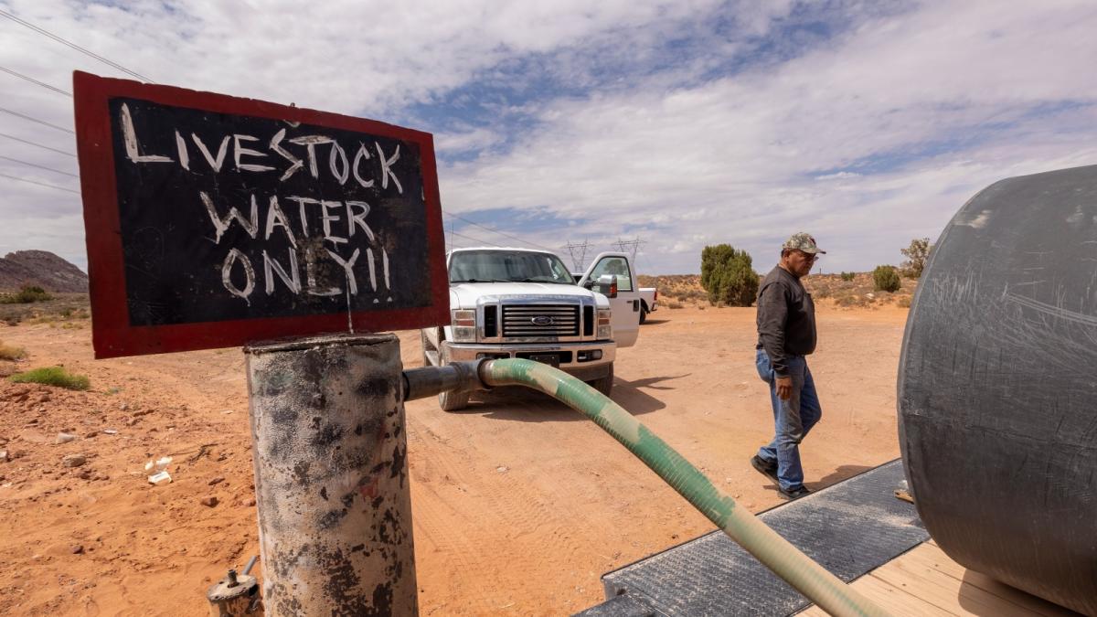 In the desert, a man in a baseball cap and jeans fills up water from a pump that says "Livestock water only!!"